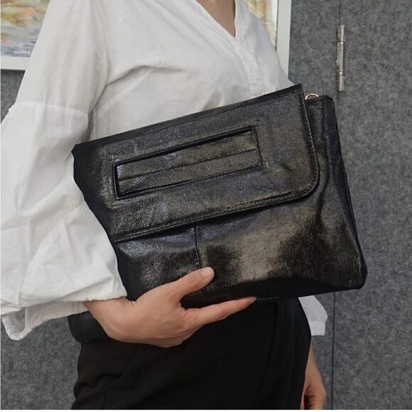 Shiny Black Boho Envelope Bag Vegan Leather - Picture 1 of 3